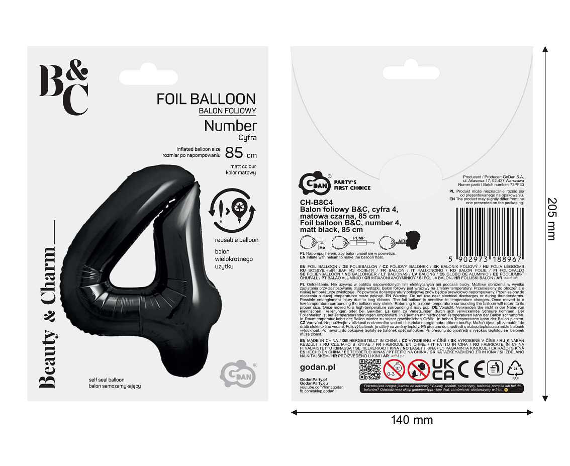Foil balloon B&C, number 4, matt black, 85 cm